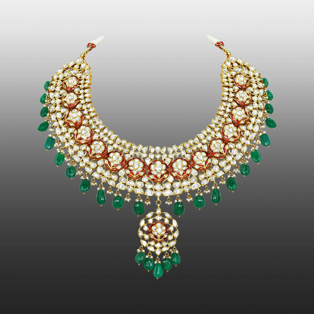 Polki Necklace with Red Enamel and Emerald Drops